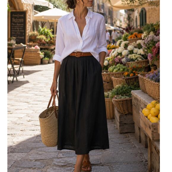 Vintage Dresses & Skirts - Vintage Bugardi Black 100% Linen Pleated Midi Skirt Pockets Minimalist size M